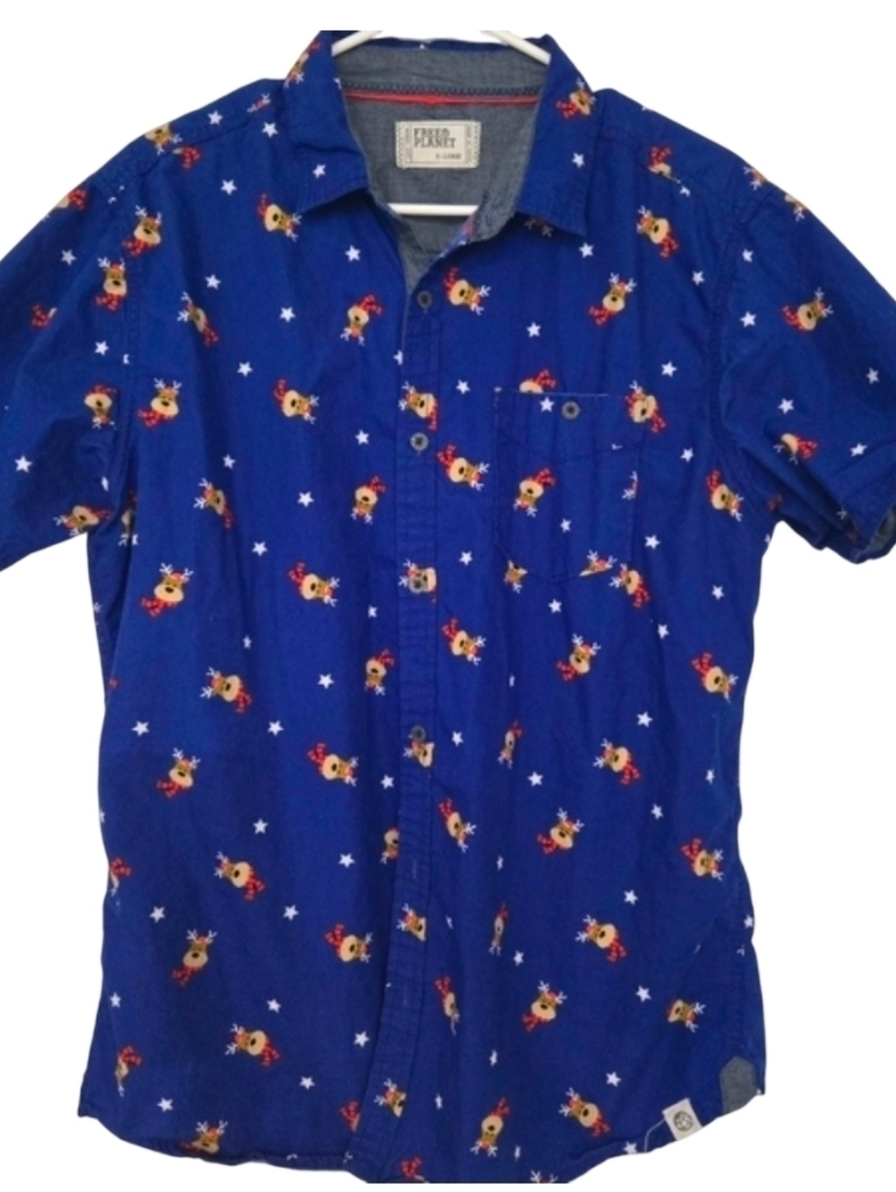 Free Planet Holiday Reindeer Print Button Down 100% Cotton XL Slim Cut